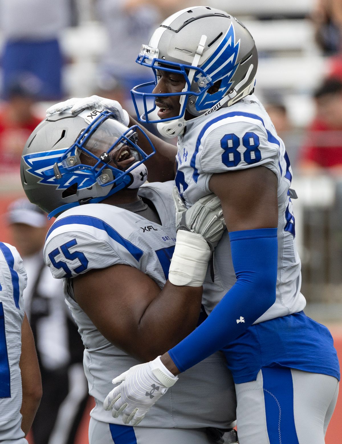 Apr 2, 2023; Houston, TX, USA; St. Louis Battlehawks linebacker Dallas Carmack (55) celebrates wide receiver Hakeem Butler (88) the conversion against Houston Roughnecks in the second quarter at TDECU Stadium. Apr 2, 2023; Houston, TX, USA; St. Louis Battlehawks linebacker Dallas Carmack (55) celebrates wide receiver Hakeem Butler (88) the conversion against Houston Roughnecks in the second quarter at TDECU Stadium.