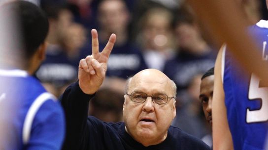 Jan 25, 2012; Cincinnati, OH, USA; Saint Louis Billikens head coach Rick Majerus talks to his team during a time out in the second half against the Xavier Musketeers at the Cintas Center. The Billikens defeated the Musketeers 73-68.