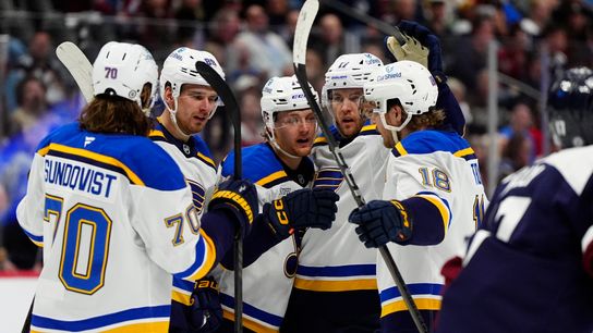 St. Louis Blues forward Zack Bolduc (76) celebrates his first-period goal with teammates Cam Fowler (17), Robert Thomas (18), Oskar Sundqvist (70), and Pavel Buchnevich (89) against the Colorado Avalanche at Ball Arena on March 29, 2025. St. Louis Blues forward Zack Bolduc (76) celebrates his first-period goal with teammates Cam Fowler (17), Robert Thomas (18), Oskar Sundqvist (70), and Pavel Buchnevich (89) against the Colorado Avalanche at Ball Arena on March 29, 2025.