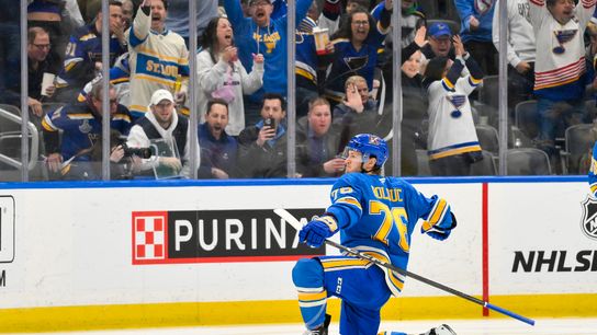 St. Louis Blues center Zack Bolduc (76) celebrates after scoring a goal against the Colorado Avalanche during the first period at Enterprise Center on April 5, 2025. St. Louis Blues center Zack Bolduc (76) celebrates after scoring a goal against the Colorado Avalanche during the first period at Enterprise Center on April 5, 2025.