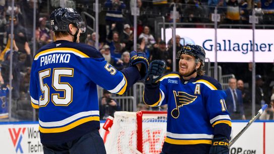 St. Louis Blues defenseman Colton Parayko (55) celebrates with center Robert Thomas (18) after scoring against the Colorado Avalanche during the second period at Enterprise Center on Feb. 23, 2025.