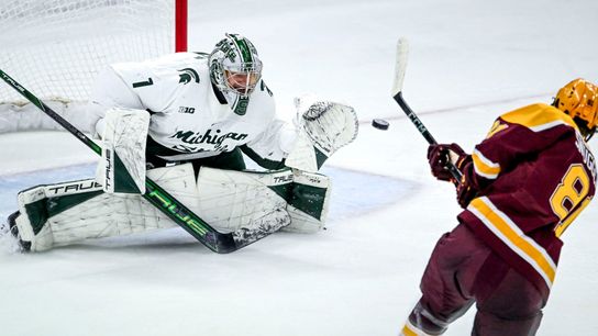 Michigan State's Trey Augustine, left, stops a goal attempt by Minnesota's Jimmy Snuggerud during a shootout on Saturday, Jan. 25, 2025, at Munn Arena in East Lansing. Michigan State's Trey Augustine, left, stops a goal attempt by Minnesota's Jimmy Snuggerud during a shootout on Saturday, Jan. 25, 2025, at Munn Arena in East Lansing.