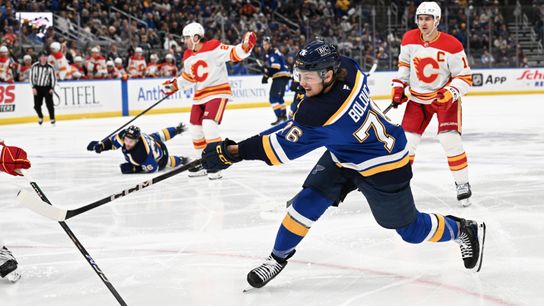 Jan 16, 2025; St. Louis, Missouri, USA; St. Louis Blues center Zack Bolduc (76) takes a shot against the Calgary Flames in the second period at Enterprise Center. St Louis Blues forward Zachary Bolduc taking a shot in an NHL game against the Calgary Flames
