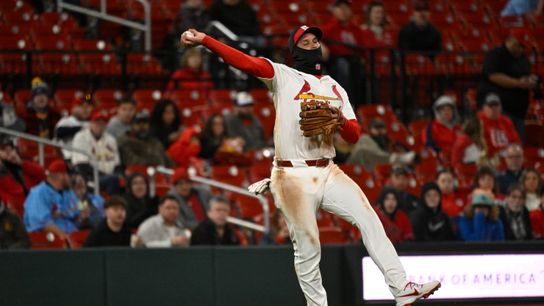 Nolan Arenado throws to first for an out against the Los Angeles Angels in the sixth inning at Busch Stadium on March 31, 2025. Nolan Arenado throws to first for an out against the Los Angeles Angels in the sixth inning at Busch Stadium on March 31, 2025.