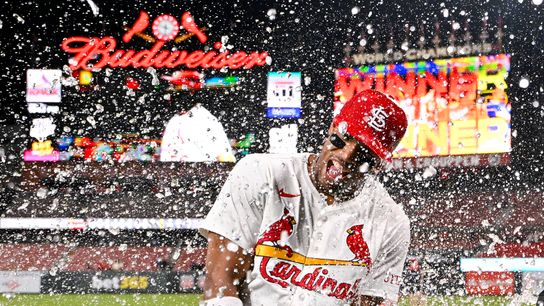 Cardinals shortstop Jose Barrero (27) gets a celebratory water dunk after St. Louis' win over the Pirates at Busch Stadium. Cardinals shortstop Jose Barrero (27) gets a celebratory water dunk after St. Louis' win over the Pirates at Busch Stadium.