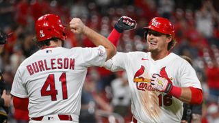 Gorman became first lefty to homer against Pirates relief stalwart -- and the Cardinals clubhouse took notice (St Louis Cardinals). Photo by Jeff Curry-Imagn Images