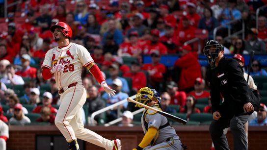 Nolan Arenado (28) of the St. Louis Cardinals hits a solo walk-off home run against the Milwaukee Brewers in the ninth inning at Busch Stadium on April 26, 2025. Nolan Arenado (28) of the St. Louis Cardinals hits a solo walk-off home run against the Milwaukee Brewers in the ninth inning at Busch Stadium on April 26, 2025.