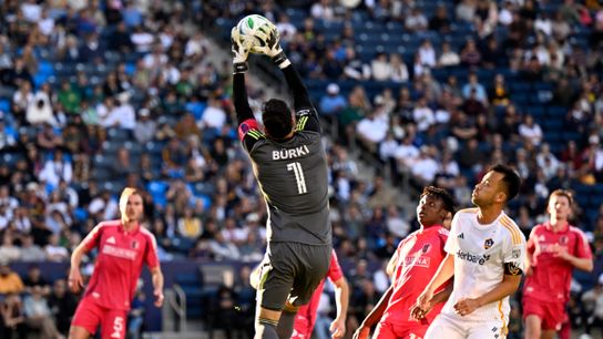 St. Louis CITY SC goalkeeper Roman Bürki (1) leaps to make a save against LA Galaxy during the second half at Dignity Health Sports Park on March 9, 2025, in Carson, California.