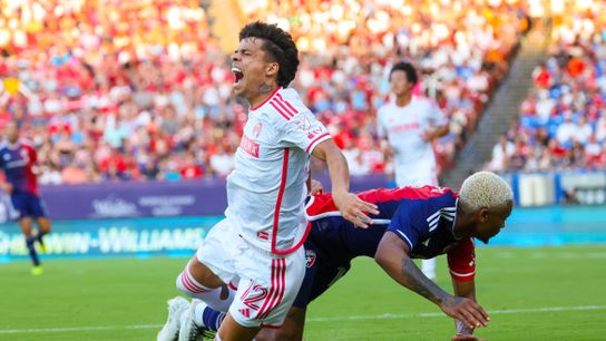 Jun 15, 2024; Frisco, Texas, USA; (Editors note: graphic image) St. Louis City midfielder Celio Pompeu (12) injures his leg after colliding with FC Dallas defender Nkosi Tafari (17) during the first half at Toyota Stadium