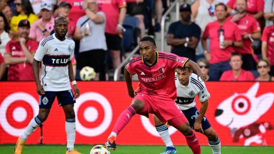 Jul 13, 2024; St. Louis, Missouri, USA; St. Louis CITY SC midfielder Njabulo Blom (6) controls the ball against Vancouver Whitecaps FC midfielder Andres Cubas (20) during the first half at CITYPARK.