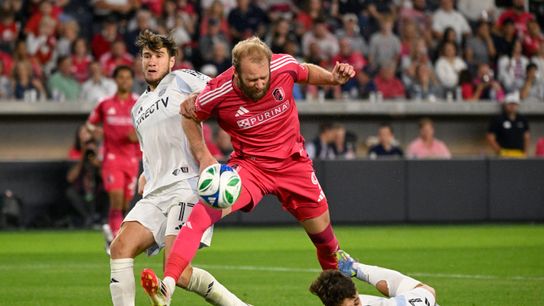 May 10, 2025; St. Louis, Missouri, USA; San Diego FC defender Paddy McNair (17) and x27 defend against St. Louis CITY SC forward Joao Klauss (9) in the second half at Energizer Park.