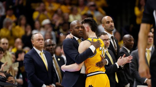 Missouri Tigers guard Caleb Grill (31) hugs head coach Dennis Gates during the final minutes of the game against the Kentucky Wildcats at Mizzou Arena on March 8, 2025.