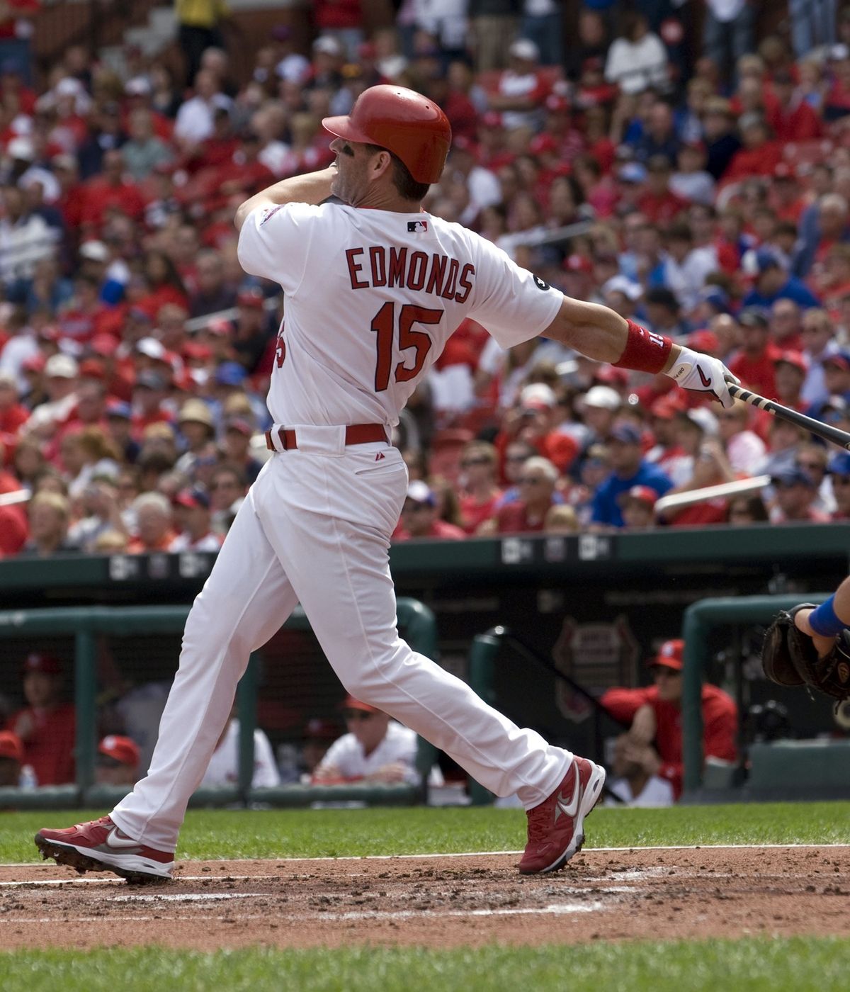 Sep 15, 2007; St. Louis, MO, USA; St. Louis Cardinals outfielder Jim Edmonds (15) connects for a 2 run double against the Chicago Cubs in Game 1 of a double header at Busch Stadium in St. Louis, MO. 